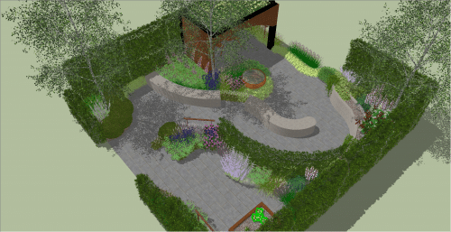 Japanese Garden, Modern Garden, water feature, naturalistic planting, tea house, outdoor room, sensory garden, wellbeing garden, curved seating, raised beds, accessible, inclusive, Mark Lane, Mark Lane Designs