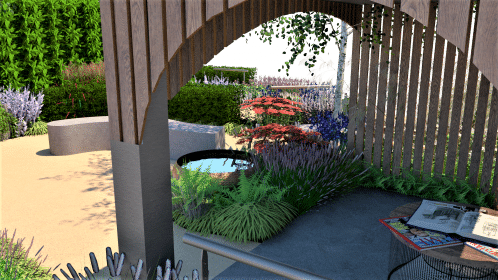 Japanese Garden, Modern Garden, water feature, naturalistic planting, tea house, outdoor room, sensory garden, wellbeing garden, curved seating, raised beds, accessible, inclusive, Mark Lane, Mark Lane Designs. Paralympic archery team,