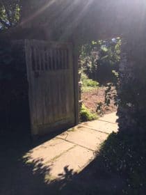 Hidden garden through door in walled garden
