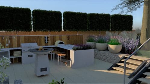 Modern terraced garden with scree garden, Oxshott, Surrey