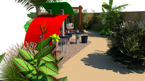 Accessible garden with tropical rainforest theme, Mark Lane Designs Ltd, resin-bound garvel, patio, swing seat, accessible swing, planting