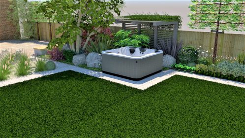 Revisited family garden with organic elements, Mark Lane Designs Ltd, With a Hot Tub