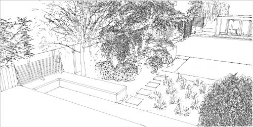 Revisited family garden with organic elements, Mark Lane Designs Ltd, Line Drawing