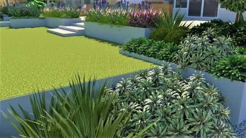 Modern Artist's Garden, Lawn and Planters, Westcliff-on-Sea, Essex, UK