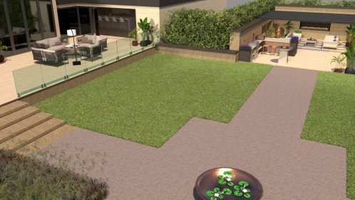 Large residential garden with outdoor fireplace and kitchen, Nottinghamshire, UK