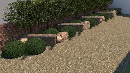 Formal driveway with feature rock walls, rocks and topiarized mounds and pleached trees