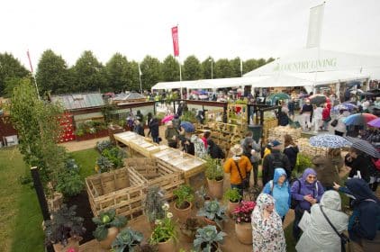 Aerial photograph of the RHS-BBC Morning Live Budget-friendly Feature Garden at RHS Hampton Court Palace Garden Festival 2023, designed by Mark Lane from Mark Lane Designs Ltd