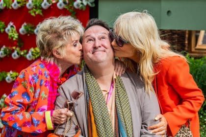 Photograph of Mark Lane with Gloria Hunniford and Gabby Roslin from the RHS-BBC Morning Live Budget-friendly Feature Garden at RHS Hampton Court Palace Garden Festival 2023, designed by Mark Lane from Mark Lane Designs Ltd