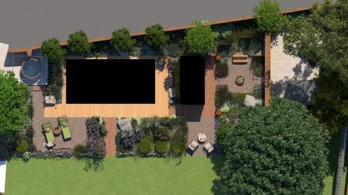 Relaxing swimming pool garden with sauna, Sandwich, Kent, UK, Mark Lane Designs Ltd, aerial view